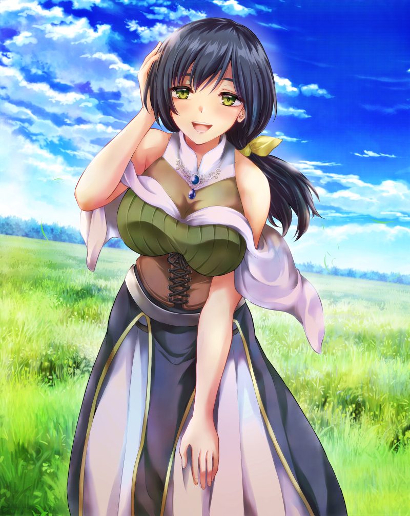 1girl black_hair boots dress green_eyes hair_ribbon kuon_makoto official_art ribbon shizuko_(yuusha_ni_zenbu_ubawareta_ore_wa_yuusha_no_hahaoya_to_party_wo_kumimashita!) thigh_boots yuusha_ni_zenbu_ubawareta_ore_wa_yuusha_no_hahaoya_to_party_wo_kumimashita!