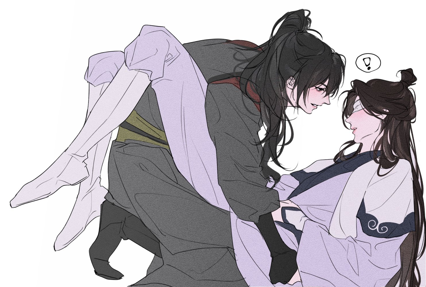 ! 2boys between_legs black_eyes black_footwear black_gloves black_hair blindfold boots boy_on_top brown_hair chinese_clothes gloves grey_hanfu hair_bun hand_on_another's_leg hanfu high_ponytail jeongbae22 korean_commentary long_hair long_sleeves looking_at_another male_focus modao_zushi multiple_boys pants parted_lips partially_fingerless_gloves ponytail sash simple_background smile spoken_exclamation_mark white_background white_blindfold white_hanfu white_pants wide_sleeves xiao_xingchen xue_yang yaoi