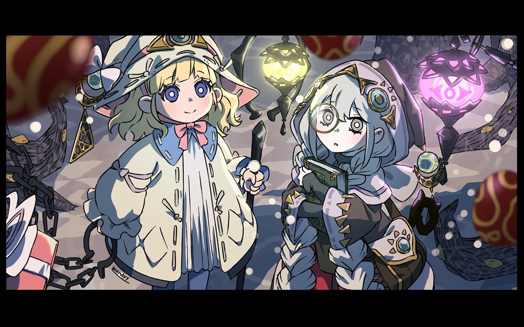 2girls astellar_of_the_white_forest blonde_hair blue_eyes blurry blurry_foreground book braid coat diabellstar_the_black_witch diabellze_the_original_sinkeeper dress duel_monster elzette_of_the_white_forest grey_eyes grey_hair hat holding hood hooded_coat lantern laundry_(randorii) long_hair looking_up medium_hair monocle multiple_girls pantyhose red_pantyhose signature standing sweater twin_braids witch witch_hat yu-gi-oh! yu-gi-oh!_master_duel