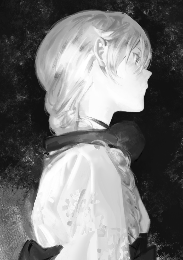 1girl abstract_background alternate_costume braid braided_ponytail closed_mouth earmuffs earmuffs_around_neck expressionless from_side greyscale hair_over_shoulder japanese_clothes kimono long_hair looking_ahead mi8pq monochrome obi sash sekka_yufu solo upper_body utau