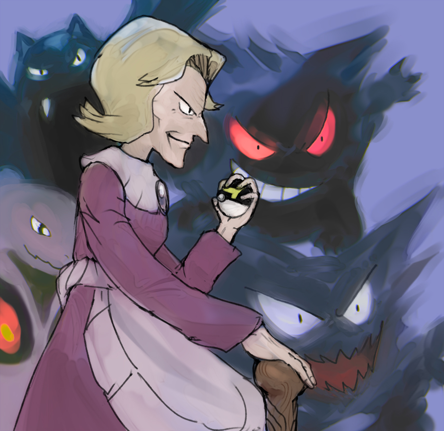 1girl agatha_(pokemon) apron aquiline_nose arbok black_eyes blonde_hair byte_(grunty-hag1) cane dress gen_1_pokemon gengar golbat haunter holding holding_poke_ball long_nose long_sleeves nintendo nose old old_woman open_mouth poke_ball pokemon pokemon_(creature) pokemon_frlg purple_background purple_dress red_eyes standing ultra_ball waist_apron