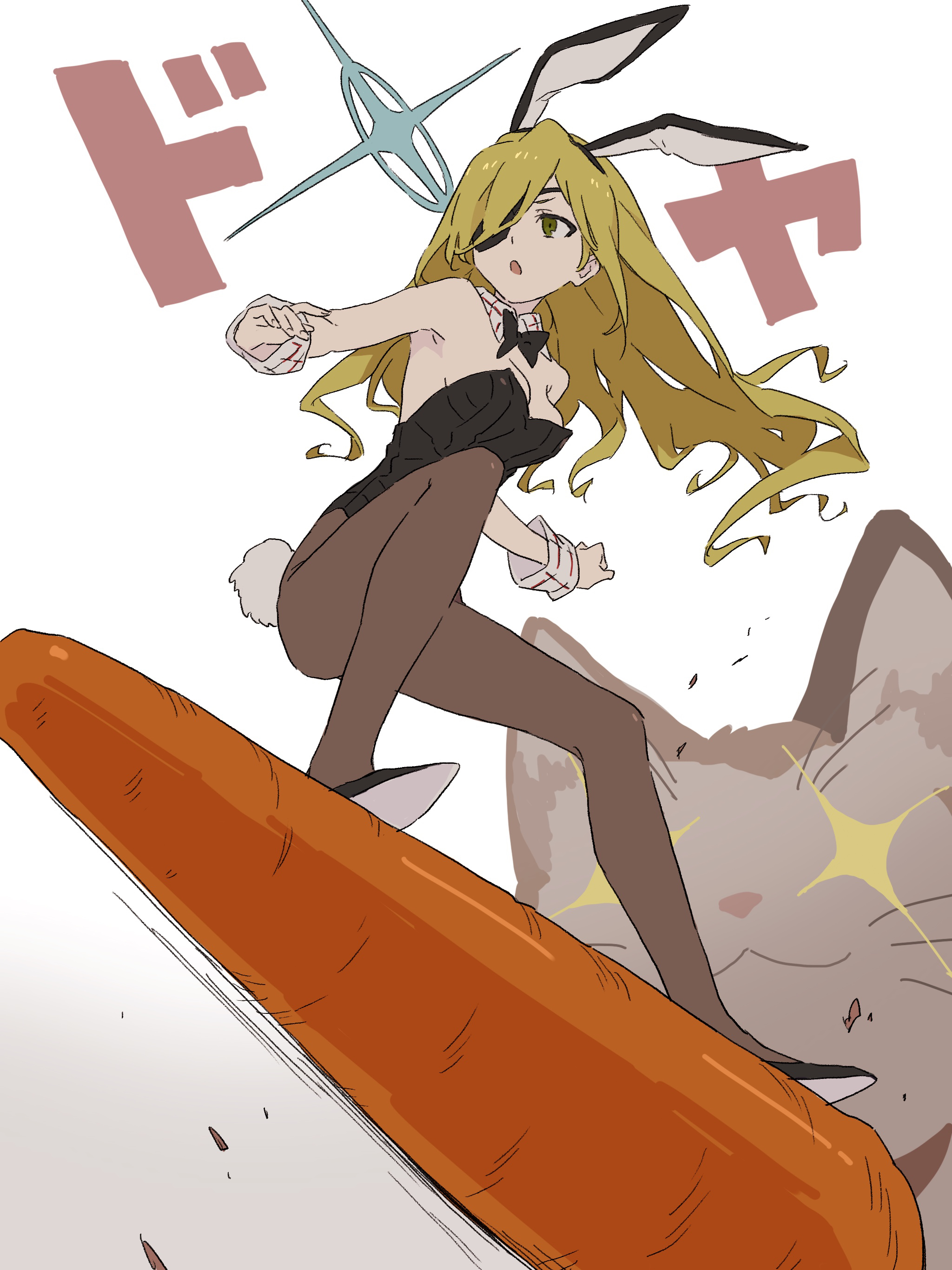 :o absurdres animal_ears balancing bare_shoulders black_bow black_bowtie black_footwear black_leotard blonde_hair bow bowtie breasts brown_background brown_pantyhose carrot cat cleavage commentary cosplay daicon daicon_bunny_girl daicon_iv detached_collar eyepatch fake_animal_ears full_body gainax gradient_background green_eyes hair_over_one_eye highres leotard long_hair looking_ahead medium_breasts mini_person minigirl open_mouth othinus outstretched_arms oversized_food oversized_object pantyhose playboy_bunny rabbit_ears shards shoes sparkle sparkling_eyes standing strapless strapless_leotard surfing swept_bangs teruya_(6w6y) toaru_majutsu_no_index translated wavy_hair white_background wrist_cuffs