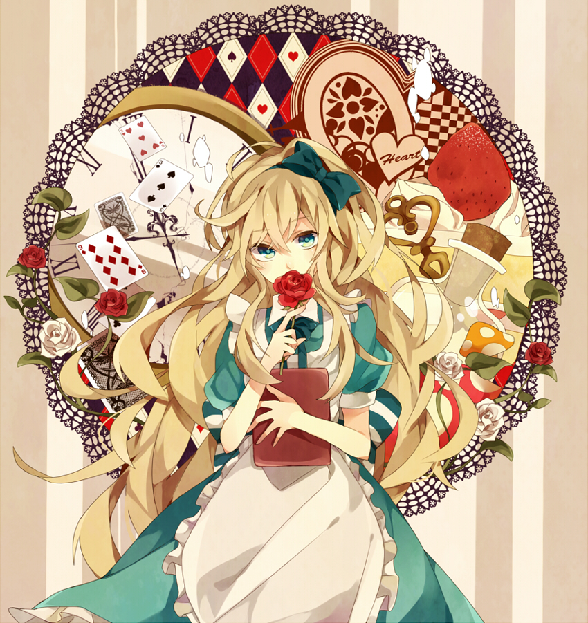 1girl alice_(alice_in_wonderland) alice&#039;s_adventures_in_wonderland blonde_hair card female_focus flower long_hair looking_at_viewer original playing_card rose sagatsu_(miicat) satsuki_(miicat) solo