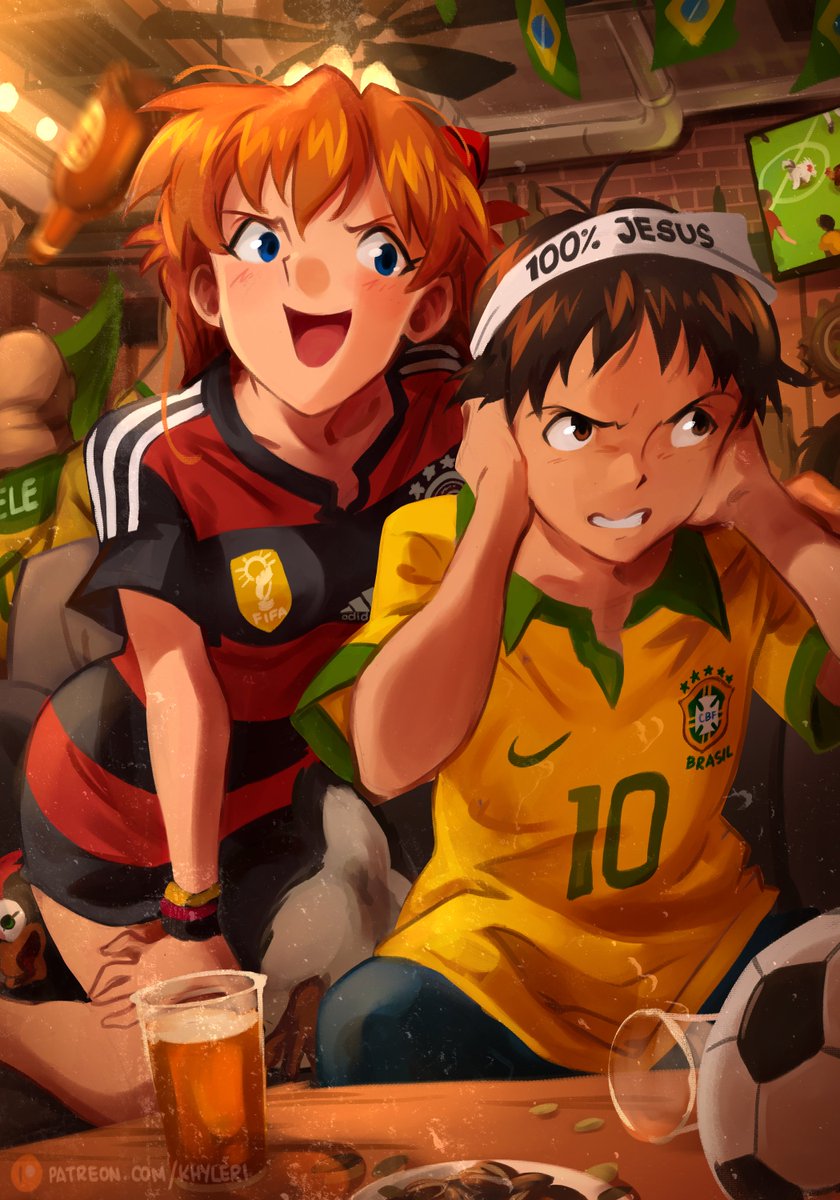 1boy 1girl 2014_fifa_world_cup alcohol anus ball bar_(place) beer beer_bottle bird blue_eyes brazilian_flag brown_eyes brown_hair chicken cockfighting covering_own_ears glass_bottle highres ikari_shinji imminent_hit khyle. motion_lines neon_genesis_evangelion orange_hair penguin penpen rooster shirt soccer_ball soccer_uniform souryuu_asuka_langley sportswear striped_clothes striped_shirt television troll_face world_cup