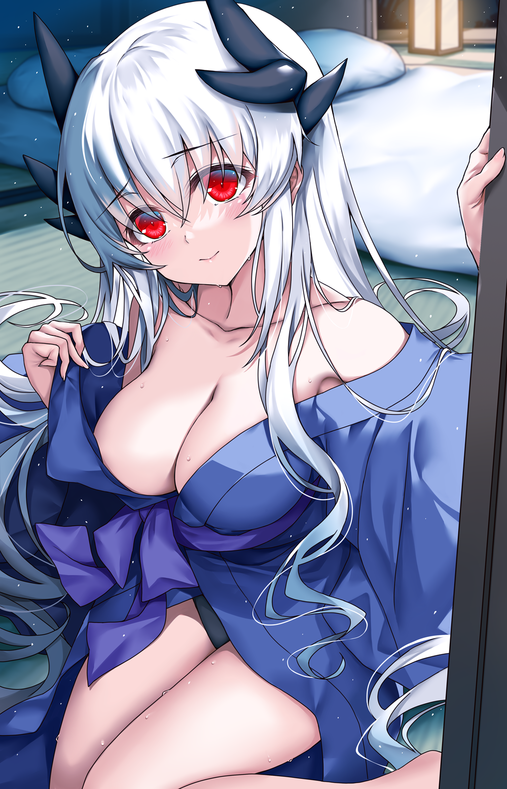 1girl black_panties blue_kimono blush breasts cleavage closed_mouth collarbone dragon_girl dragon_horns fate/grand_order fate_(series) futon highres horns indoors japanese_clothes kimono kiyohime_(fate) kiyohime_(third_ascension)_(fate) kneeling large_breasts long_hair looking_at_viewer morizono_shiki panties red_eyes smile solo tatami thighs underwear white_hair yukata