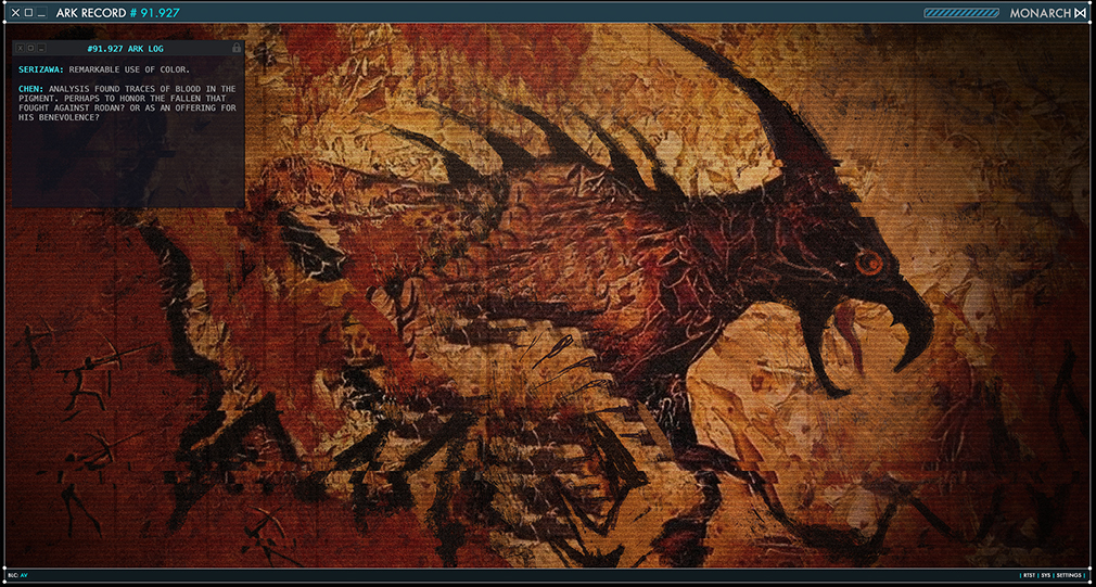archery arrow_(projectile) beak blood bow_(weapon) cave_paintings conspiracy elemental_(creature) giant giant_monster godzilla:_king_of_the_monsters godzilla_(series) hieroglyphics horns kaiju lava lava_blood legendary_pictures monarch_(monsterverse) monster monsterverse mural official_art promotional_art pterosaur rodan spikes text_focus toho viral_marketing weapon