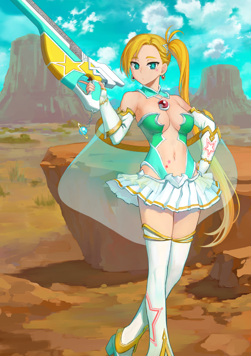 1girl b_suke bare_shoulders blonde_hair blue_sky boots breasts calamity_jane_(fate) calamity_jane_(third_ascension)_(fate) cleavage closed_mouth cloud collar crossed_ankles desert detached_sleeves earrings expressionless facial_mark fate/grand_order fate_(series) feet_out_of_frame fingerless_gloves game_cg gloves green_collar green_eyes green_leotard gun hair_ornament hand_on_own_hip hand_up high_heel_boots high_heels high_side_ponytail highleg highleg_leotard holding holding_gun holding_weapon jewelry leotard long_hair looking_at_viewer lowleg lowleg_skirt medium_breasts miniskirt narrow_waist navel official_art pleated_skirt plunging_neckline skirt sky solo standing star_(symbol) star_facial_mark star_hair_ornament star_tattoo stomach stomach_tattoo strapless strapless_leotard tattoo thigh_boots third-party_source trigger_discipline underboob variant_set very_long_hair weapon weapon_request white_boots white_gloves white_skirt white_sleeves
