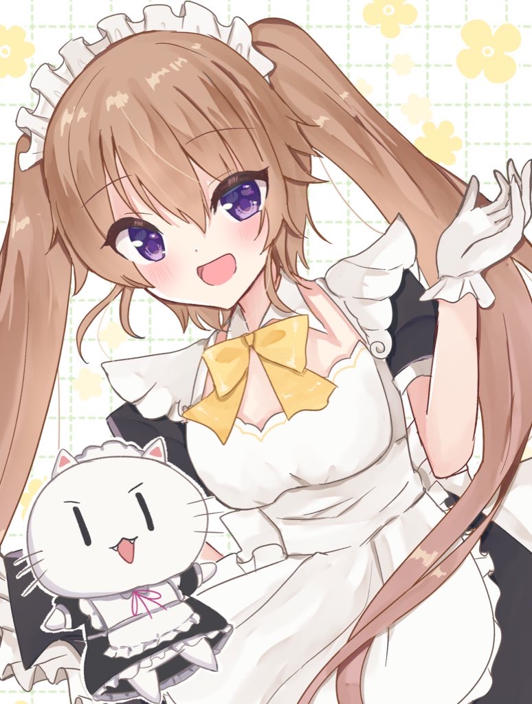 1girl :d alternate_costume ao_no_kanata_no_four_rhythm apron arisaka_mashiro black_dress blush bow bowtie brown_hair commentary_request commission cowboy_shot dress dutch_angle enmaided eyes_visible_through_hair frilled_apron frills gloves hair_between_eyes hand_up happy long_hair looking_at_viewer maid maid_apron maid_headdress open_mouth purple_eyes sakaniwa_t short_sleeves simple_background skeb_commission smile solo twintails very_long_hair white_apron white_background white_gloves yellow_bow yellow_bowtie |_|