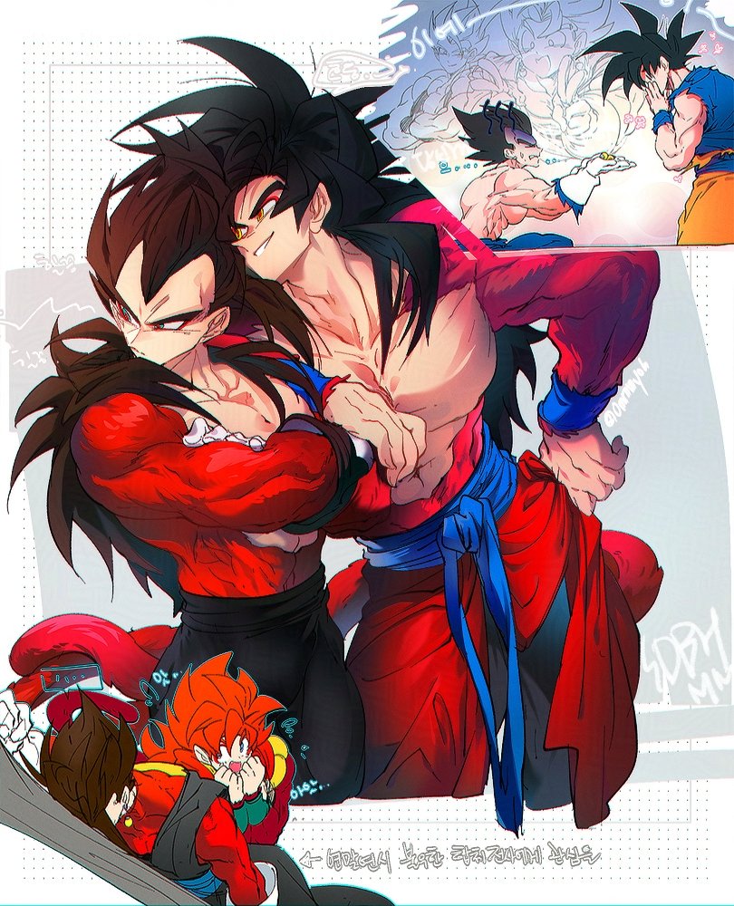 black_hair blue_eyes blue_sash closed_mouth dougi dragon_ball dragon_ball_heroes dragon_ball_super earrings gloves gogeta gogeta_(xeno) jewelry long_hair male_focus metamoran_vest monkey_boy monkey_tail multiple_boys muscular muscular_male ommmyoh open_mouth pants potara_earrings red_fur saiyan sash smile son_goku son_goku_(xeno) spiked_hair super_saiyan super_saiyan_4 tail time_patrol_(dragon_ball) twitter_username vegeta vegeta_(xeno) vegetto vegetto_(xeno) wristband