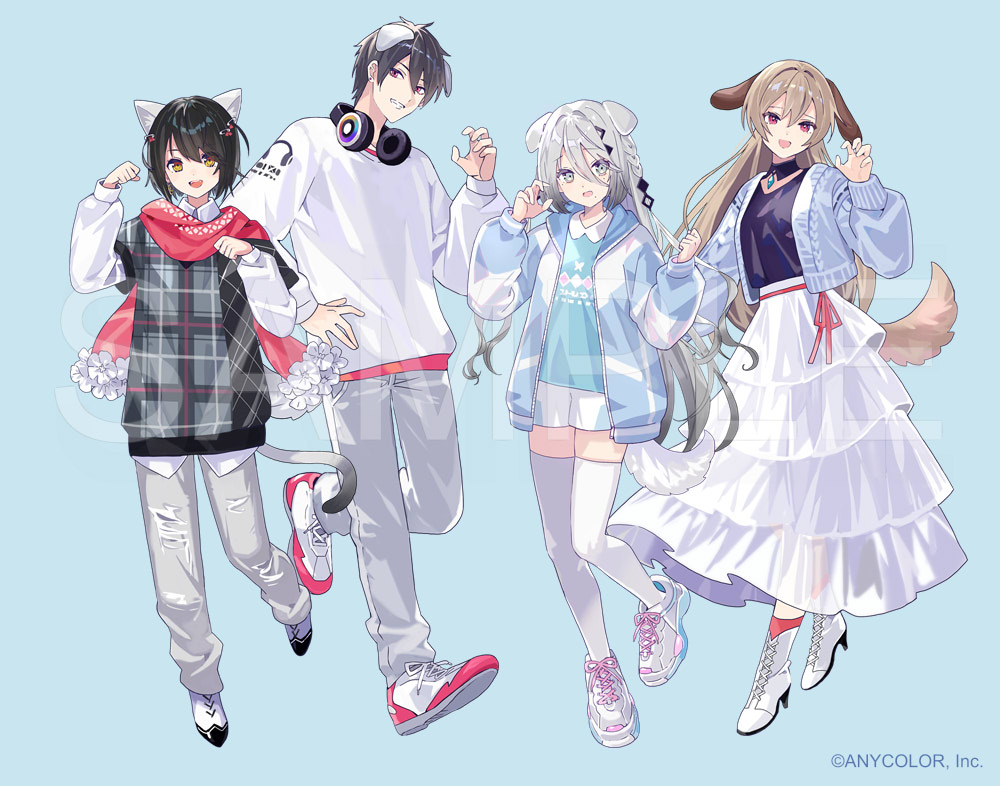 2boys 2girls :d animal_ears aqua_shirt black_collar black_hair black_shirt black_sweater blue_background blue_cardigan blue_eyes blue_jacket bob_cut boots braid brown_hair cardigan cat_boy cat_ears cat_tail claw_pose collar collared_shirt copyright_notice diagonal_bangs dog_boy dog_ears dog_girl dog_tail earrings flower_trim full_body furen_e_lustario grey_hair grey_pants grin hair_between_eyes hair_ornament hairclip headphones headphones_around_neck high_heel_boots high_heels hood hood_down hooded_jacket jacket jewelry kemonomimi_mode lace-up_boots layered_skirt layered_sleeves long_hair long_hair_between_eyes long_skirt long_sleeves looking_at_viewer mashiro_meme mole mole_under_eye mole_under_mouth multiple_boys multiple_girls multiple_moles nijisanji official_art open_cardigan open_clothes open_jacket open_mouth pants paperclip_hair_ornament paw_pose pendant_choker peter_pan_collar plaid_clothes plaid_sweater print_shirt red_eyes red_scarf red_socks safety_pin sample_watermark scarf shirt shoes short_hair short_over_long_sleeves short_shorts short_sleeves shorts side_braids simple_background skirt smile sneakers socks sophia_valentine standing stud_earrings sweater tail thighhighs tobi_(kotetsu) torn_clothes torn_pants untucked_shirt v-neck virtual_youtuber watermark white_footwear white_shirt white_shorts white_skirt white_thighhighs yellow_eyes yumeoi_kakeru