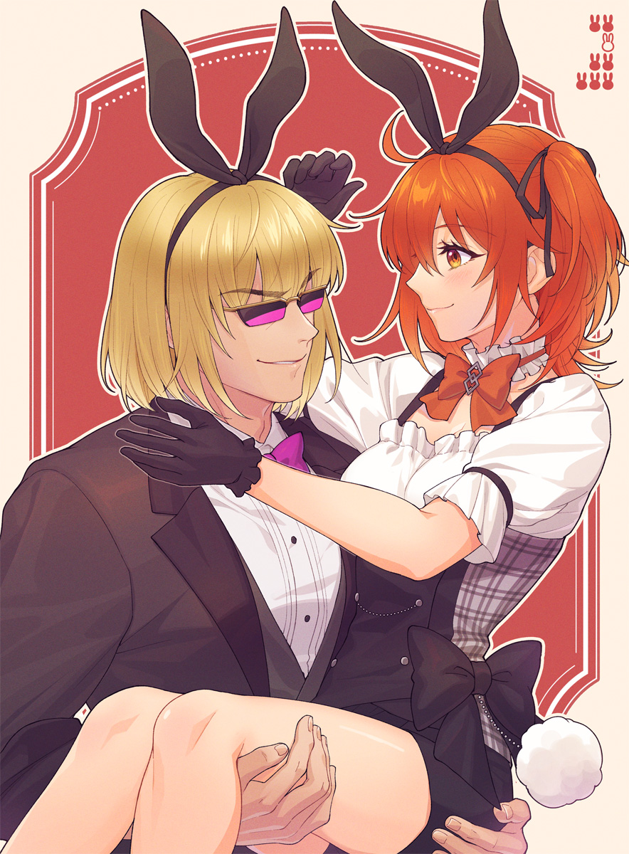 1boy 1girl black_gloves black_hairband black_jacket blonde_hair bow bow_hairband bowtie carrying fate/grand_order fate_(series) fujimaru_ritsuka_(female) gloves hairband hetero highres jacket looking_at_another one_side_up orange_bow orange_hair parted_lips princess_carry purple_bow purple_bowtie sakata_kintoki_(fate) short_hair sunglasses zanshi