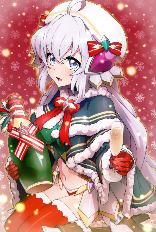 1girl ahoge alternate_costume beret blue_eyes bottle champagne_bottle champagne_flute cup drinking_glass gloves hat holding holding_bottle long_hair looking_at_viewer navel red_gloves red_thighhighs senki_zesshou_symphogear senki_zesshou_symphogear_xd_unlimited sitting solo thighhighs uganda_(ugandam_00) wariza white_hair white_hat yukine_chris yukine_chris_(another)