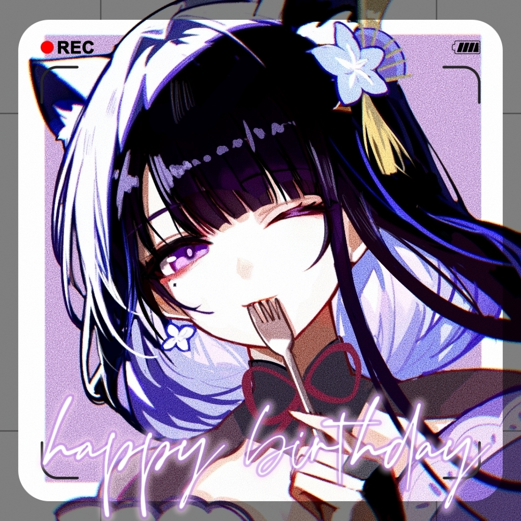 1girl animal_ear_fluff animal_ears blunt_bangs cat_ears chinese_commentary closed_mouth clothing_cutout eyeliner fan_hair_ornament flower_ornament fork genshin_impact gradient_hair hair_intakes hair_ornament hand_up happy_birthday head_tilt holding holding_fork japanese_clothes light_smile long_hair looking_at_viewer luckin2017 makeup mole mole_under_eye multicolored_hair neck_ribbon off_shoulder one_eye_closed purple_background purple_eyes purple_hair raiden_shogun recording red_eyeliner red_ribbon ribbon shade shoulder_cutout solo upper_body viewfinder