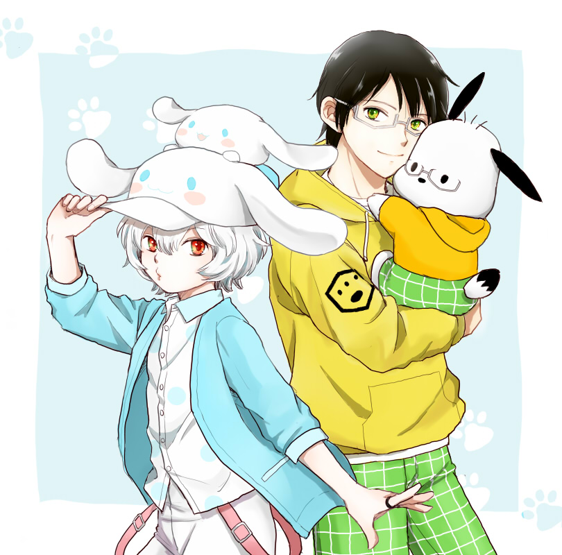 2boys animal animal_ears animal_hat animal_on_head black_hair blue_background blue_jacket carrying character_print child_carry cinnamoroll clothed_animal crossover dog dog_hat dress_shirt fake_animal_ears fuwa_fuwa_cinnamoroll glasses green_eyes green_pants hand_on_headwear hand_up hat hood hoodie jacket jewelry kuga_yuuma looking_at_viewer male_focus matching_outfits mikumo_osamu multiple_boys on_head pants paw_print pesu pochacco polka_dot polka_dot_shirt print_shirt puckered_lips red_eyes ring sanrio semi-rimless_eyewear shirt short_hair smile suspenders_hanging under-rim_eyewear untucked_shirt white_hair white_headwear white_shirt world_trigger yellow_hoodie