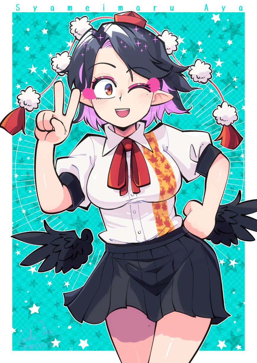 bird_wings black_hair black_wings carte hat highres leaf_print pom_pom_(clothes) red_eyes red_hat shameimaru_aya tokin_hat touhou wings