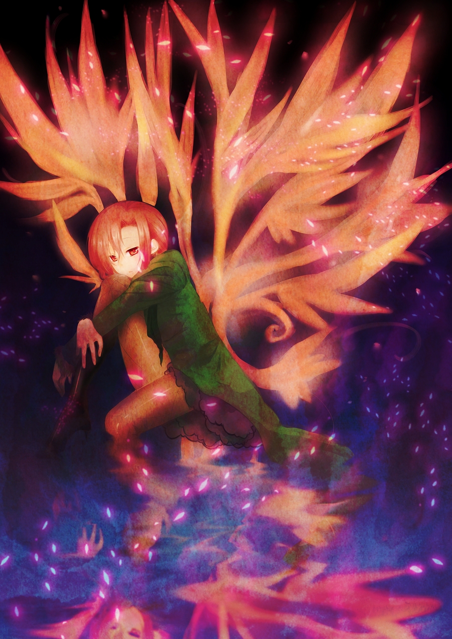 1girl aozaki_touko aozaki_touko_(mahou_tsukai_no_yoru) bad_id bad_pixiv_id expressionless female_focus fishnets high_heels highres hugging_own_legs jacket kamehima leaning mahou_tsukai_no_yoru pantyhose petals red_eyes red_hair reflection shoes sitting solo water