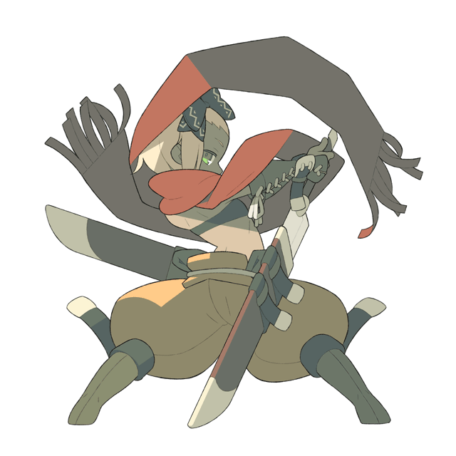 1girl 7th_dragon 7th_dragon_(series) blonde_hair bracer drawing_sword female_focus forehead from_behind green_eyes hair_ornament hair_ribbon hatch_(7th_dragon) holding holding_sword holding_weapon itsumo_nokoru ribbon rogue_(7th_dragon) scarf sheath short_hair simple_background solo sword unsheathing weapon white_background