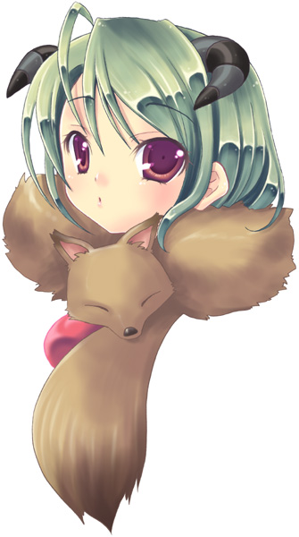 1girl 2000s_(style) alto_seneka animal animal_around_neck black_horns blush brown_eyes commentary_request fox green_hair horns looking_at_viewer open_mouth portrait professor_(ragnarok_online) ragnarok_online rusty_soul short_hair solo striped_horns