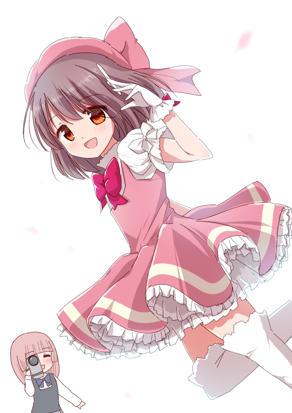 2girls :d bow brown_hair camera cardcaptor_sakura cowboy_shot dress flat_chest frilled_skirt frills gloves hat kawasugi_sakura kinomoto_sakura kinomoto_sakura_(magician) looking_at_viewer magical_girl multiple_girls neck_ribbon nobutake_(nobu0) open_mouth pink_dress pink_hair pink_hat puffy_short_sleeves puffy_sleeves red_bow ribbon saki_(manga) shinohayu_the_dawn_of_age shiratsuki_shino short_sleeves skirt smile thighhighs white_background white_gloves