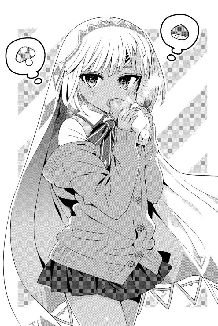 1girl altera_(fate) alternate_costume blush cardigan cowboy_shot dark-skinned_female dark_skin eating fate/extra fate_(series) food hanabana_tsubomi holding holding_food long_sleeves looking_at_viewer miniskirt open_mouth pleated_skirt potato short_hair simple_background skirt solo speech_bubble thought_bubble veil