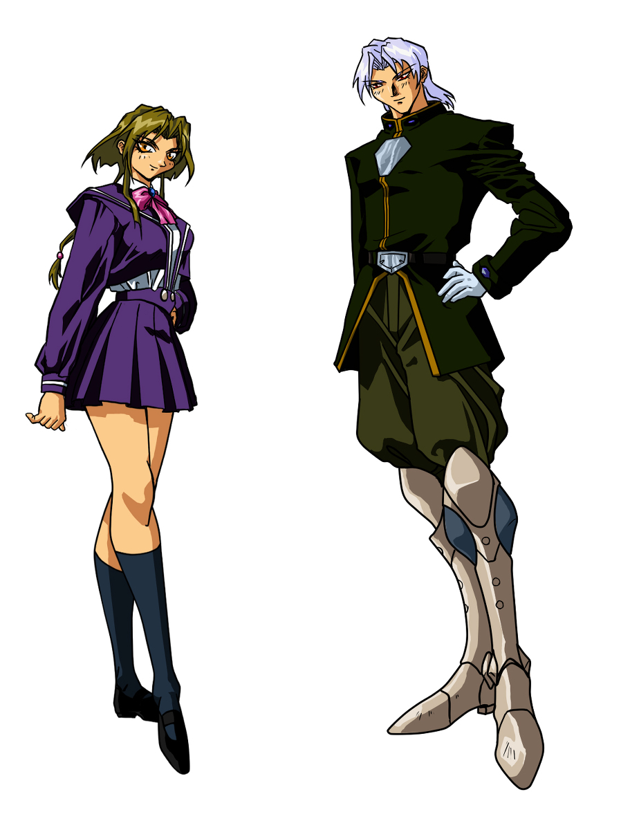 1990s_(style) 1boy 1girl asahina_ryo asahina_suzu brother_and_sister brown_hair choujin_gakuen_gowcaizer highres legs oobari_masami platonic_twins school_uniform siblings silver_hair twins