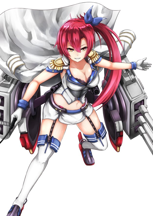 1girl azur_lane black_bra blue_ribbon bra bra_peek breasts cleavage commentary_request epaulettes garter_straps gloves jacket jacket_on_shoulders large_breasts midriff miniskirt navel ponytail red_eyes red_hair ribbon riding_crop rigging ship_turret skirt thighhighs tosaka_(tosaka0001) underwear white_gloves white_thighhighs wichita_(azur_lane)