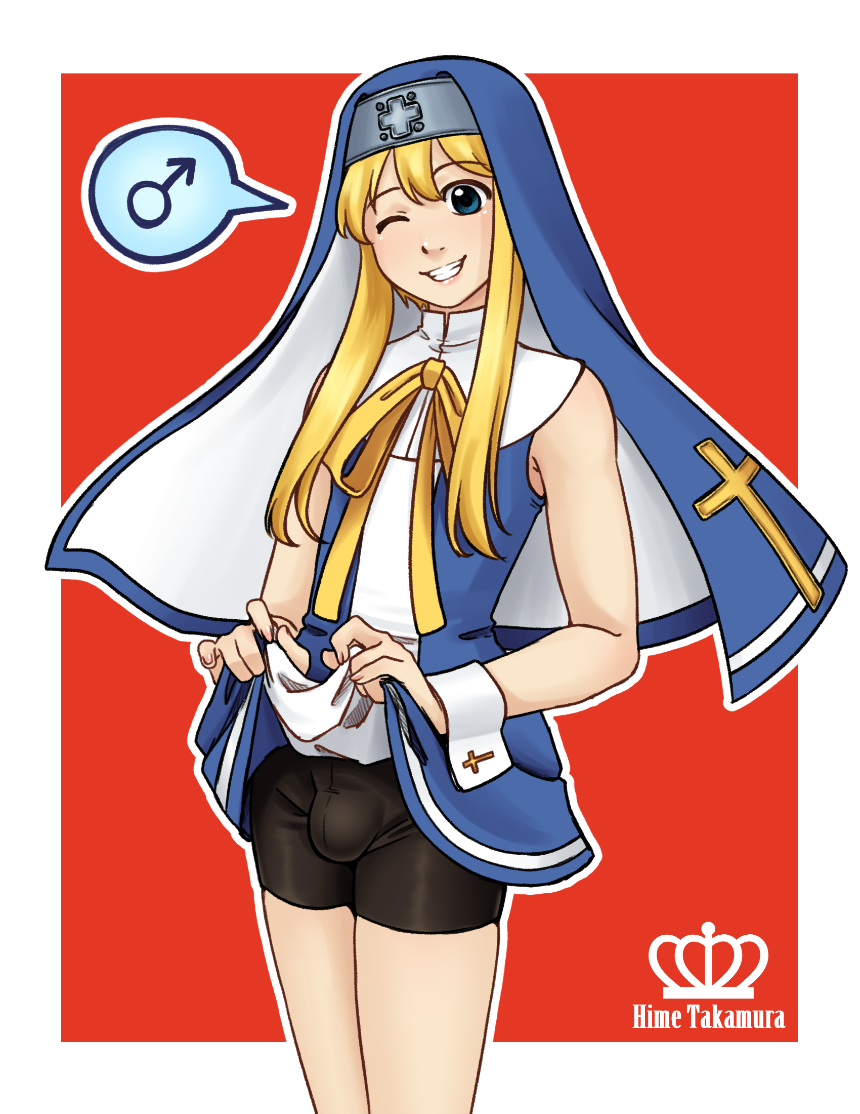 1boy artist_name bare_arms bike_shorts blonde_hair blue_eyes border bridget_(guilty_gear) bulge clothes_lift commentary cowboy_shot cross dress dress_lift english_commentary grin guilty_gear hair_between_eyes highres hime_takamura latin_cross lifting_own_clothes long_hair looking_at_viewer male_focus mars_symbol neck_ribbon nun one_eye_closed outline outside_border red_background ribbon sidelocks simple_background sleeveless sleeveless_dress smile solo spoken_mars_symbol teeth trap white_border white_outline wrist_cuffs yellow_ribbon