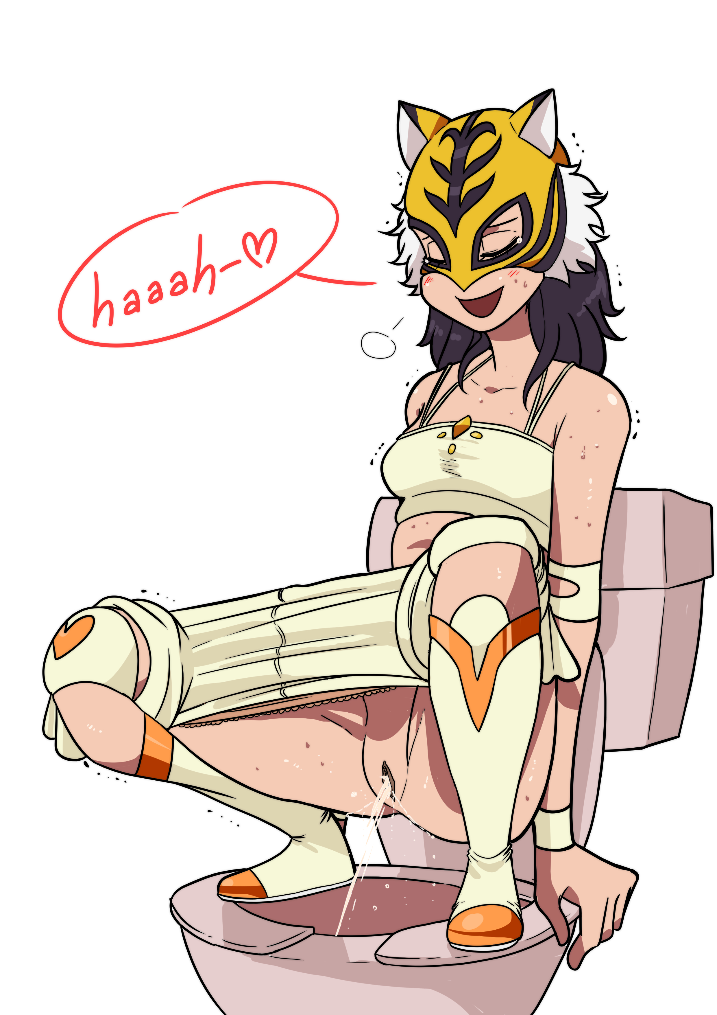 1girl absurdres arm_support armband bare_shoulders bathroom biku black_hair blush boots breasts breath closed_eyes clothes_pull collarbone heart highres knee_boots knee_pads long_hair mask open_mouth peeing pussy relief shirt shorts shorts_pull simple_background small_breasts smile solo spoken_heart spring_tiger squatting sweat takaoka_haruna tank_top tears tiger_mask tiger_mask_(object) tiger_mask_(series) tiger_mask_w toilet toilet_seat toilet_use trembling uncensored white_background wristband yellow_boots yellow_shirt yellow_shorts you're_doing_it_wrong