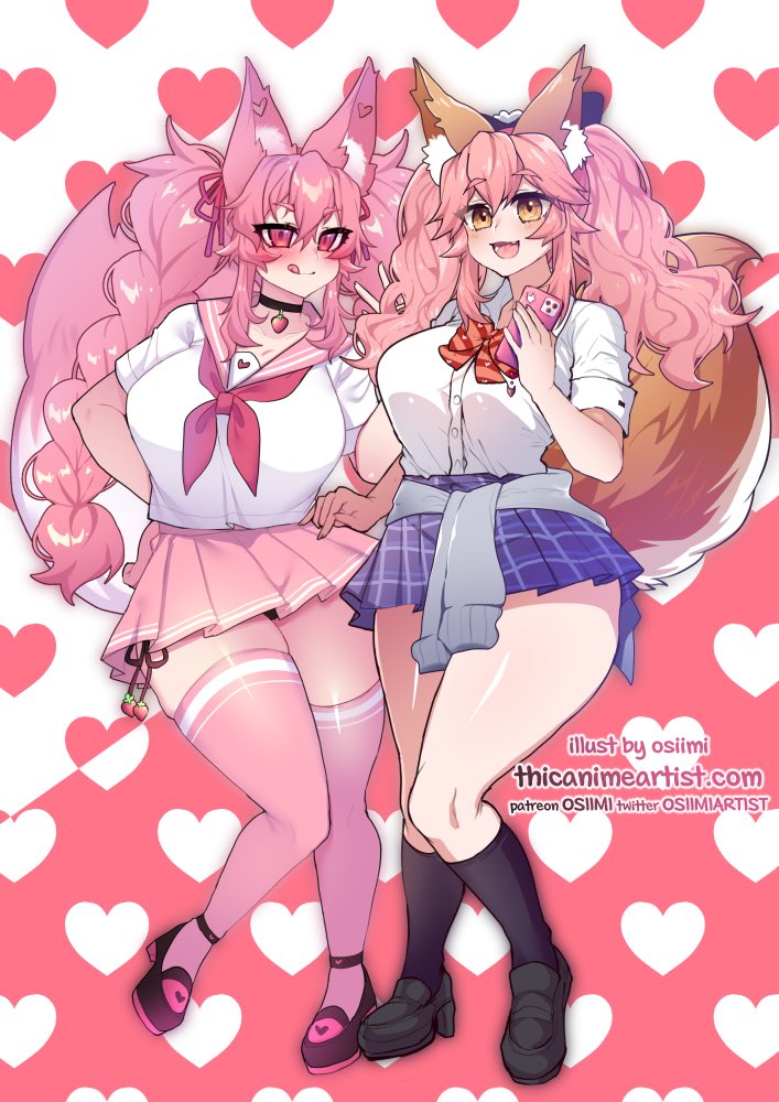 2girls alternate_costume animal_ears black_legwear blush breasts brown_eyes cellphone clothes_around_waist crossover curvy fate/grand_order fate_(series) fox fox_ears fox_girl fox_tail gyaru heart heart_background indie_virtual_youtuber kireina_(osiimi) large_breasts licking_lips miniskirt multiple_girls official_alternate_costume orange_fur osiimi phone pink_background pink_fur pink_hair pink_legwear red_eyes school_uniform skirt smartphone sweater sweater_around_waist tail tamamo_(fate) tamamo_no_mae_(fate/extra) tamamo_no_mae_(jk)_(fate) thick_thighs thighhighs thighs tongue tongue_out trait_connection twintails two-tone_background virtual_youtuber white_background
