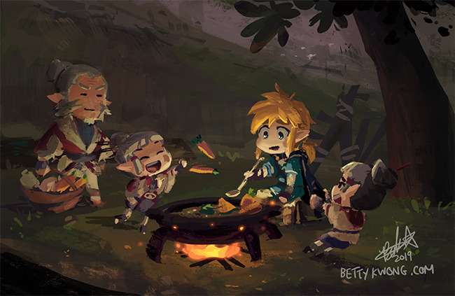 bettykwong blonde_hair blue_eyes carrot cooking cottla_(zelda) dorian_(zelda) fire koko_(zelda) link nintendo open_mouth pointy_ears sheikah sideburns smile the_legend_of_zelda the_legend_of_zelda:_breath_of_the_wild tree white_hair