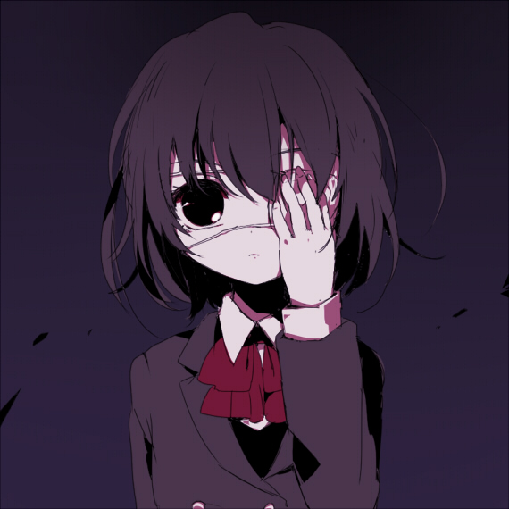 10s 1girl another bad_id bad_pixiv_id black_eyes covering_one_eye eyepatch female_focus honey0x0x0 misaki_mei purple_background purple_hair school_uniform simple_background solo usamito