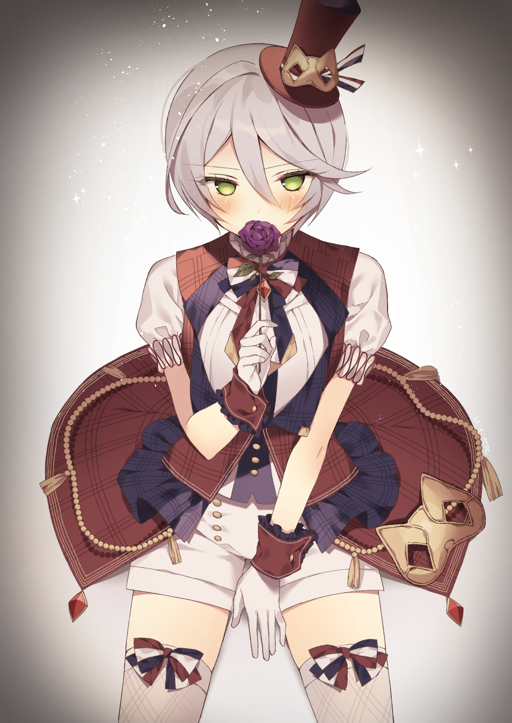 1girl bad_id bad_twitter_id between_legs blush covering_own_mouth cowboy_shot flower gloves green_eyes grey_background grey_hair hair_between_eyes hand_between_legs hat highres holding holding_flower idol_clothes inactive_account looking_at_viewer mask mini_hat mini_top_hat pretty_series pripara purple_flower purple_rose red_hat red_vest rose shikyoin_hibiki shirt short_hair shorts sitting solo thighhighs top_hat unworn_mask uzuki_asa vest white_gloves white_shirt white_shorts white_thighhighs wrist_cuffs