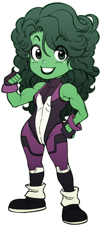 1girl bodysuit breasts chiba_toshirou chibi commentary_request curly_hair eyes_visible_through_hair fingerless_gloves flexing full_body gloves green_eyes green_hair green_skirt hand_on_own_hip jennifer_walters long_hair marvel muscular muscular_female purple_bodysuit she-hulk skirt small_breasts solo