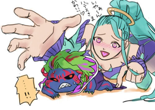 1boy 1girl amazon_pandora aqua_hair bare_shoulders black_sclera blush breasts cape chibi cleavage clenched_teeth colored_sclera colored_skin detached_sleeves fingernails green_hair hades_(kid_icarus) kid_icarus kid_icarus_uprising long_fingernails long_hair looking_at_another looking_back lowres lying multicolored_hair nintendo on_stomach open_mouth orange_eyes pandora_(kid_icarus) pink_eyes pinned ponytail purple_hair purple_skin reaching red_hair sharp_teeth size_difference smile sweat symbol-shaped_pupils tattoo teeth