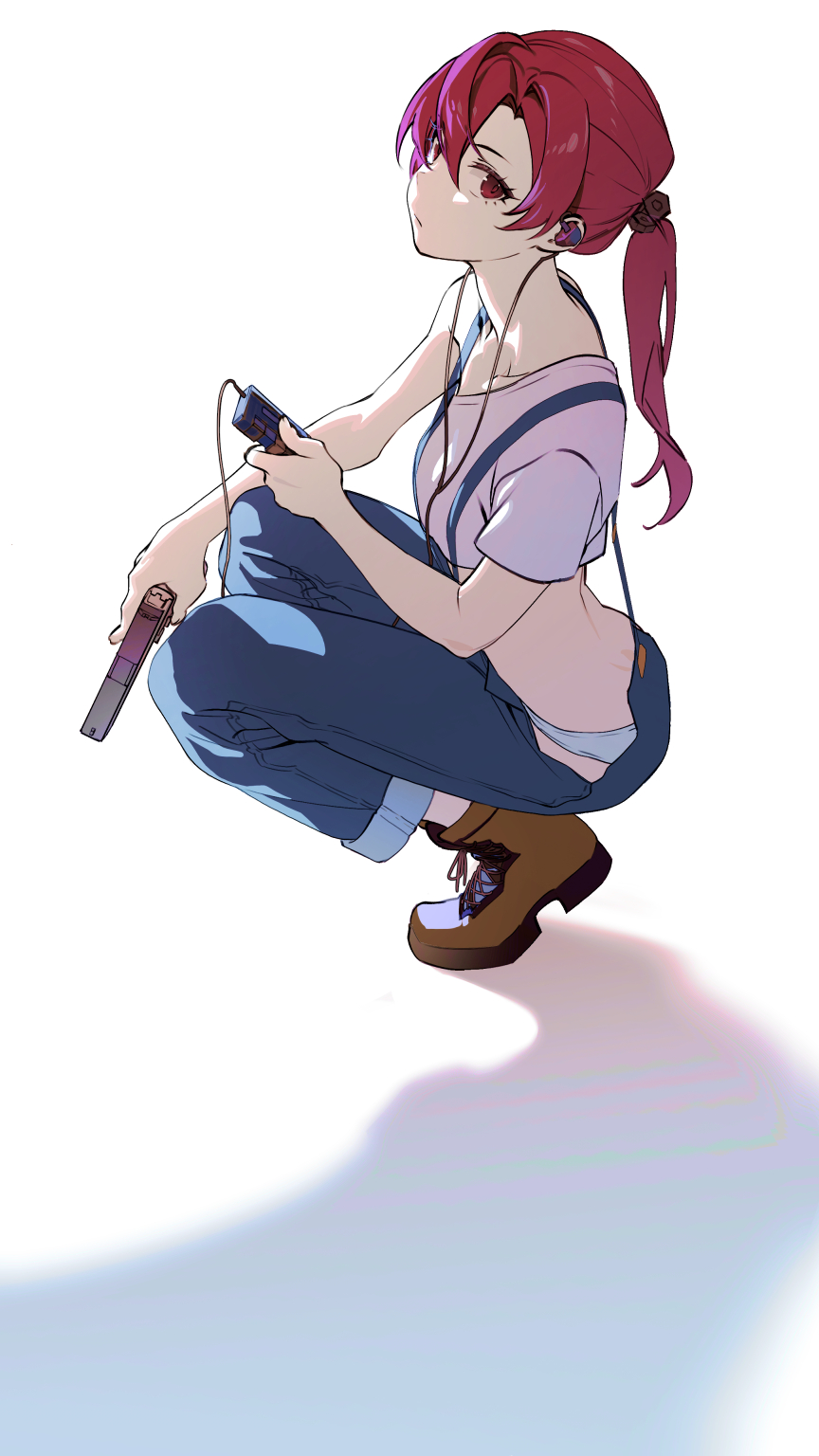 1girl blue_overalls cassette_player closed_mouth commentary crop_top earbuds earphones full_body gun handgun headphones highres holding holding_gun holding_weapon long_hair original overalls panties ponytail red_eyes red_hair rff_(3_percent) shirt simple_background single_off_shoulder solo squatting trigger_discipline underwear weapon white_background white_panties white_shirt