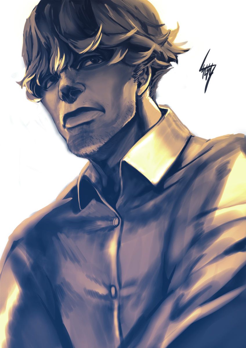 1boy armored_core armored_core_v artist_name buttons chief_(armored_core_5) closed_mouth collared_shirt facial_hair highres long_sleeves male_focus monochrome realistic shirt short_hair sidelocks signature simple_background solo stubble tsunetaka_rakurai upper_body white_background