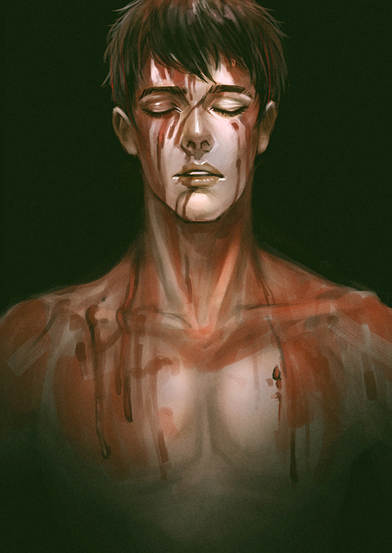 1boy bertolt_hoover black_background blood blood_on_body blood_on_face brown_hair closed_eyes collarbone commentary english_commentary eyelashes male_focus mistermagnolia nude parted_lips pectorals shingeki_no_kyojin short_hair simple_background solo straight-on teeth upper_body