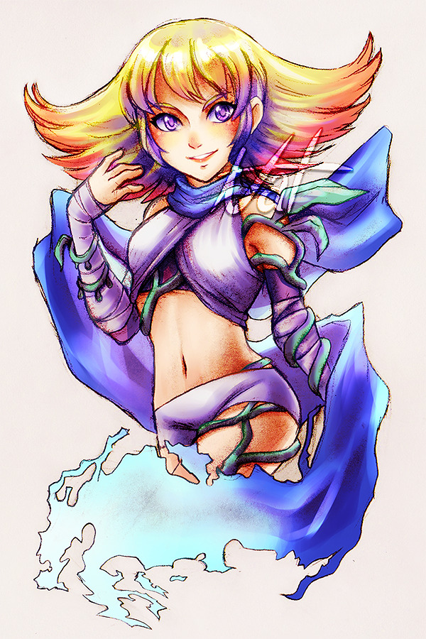 1girl blonde_hair blue_scarf grey_background kid_icarus kid_icarus_uprising midriff nat_(nathaniel) navel nintendo phosphora plant purple_eyes scarf shorts simple_background solo vines watermark white_shorts