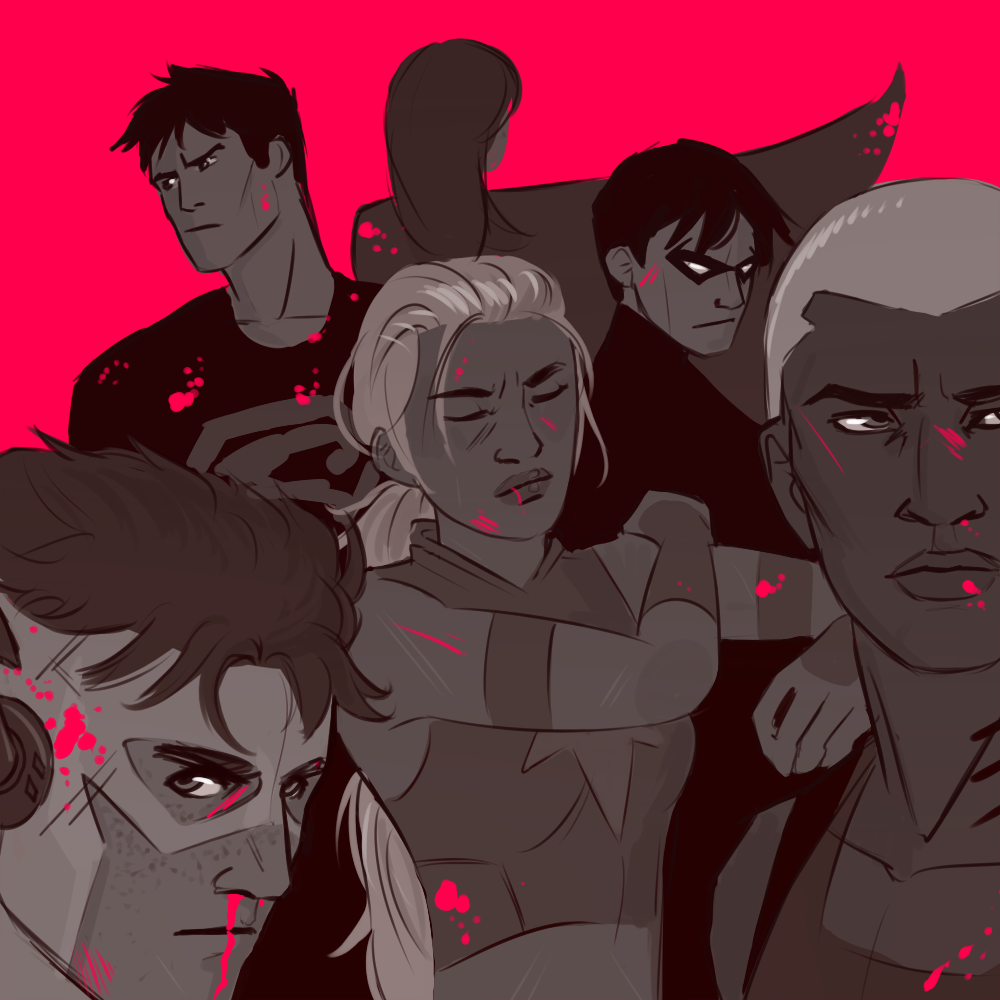 2girls 4boys alien aqua_lad artemis_crock artist_request black_hair blonde_hair cape cartoon_network dark_skin dc_comics dick_grayson freckles injury kaldur&#039;ahm kid_flash kon-el limited_palette mask midriff miss_martian monochrome multiple_boys multiple_girls ponytail robin_(dc) s-shield simple_background sleeveless source_request spot_color superboy wally_west young_justice:_invasion