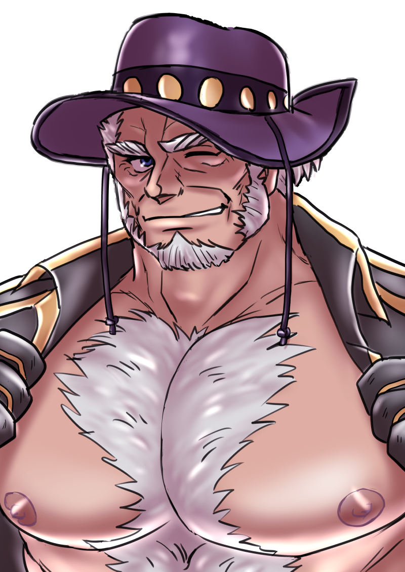 1boy bara bare_pectorals blue_eyes chest_hair coat facial_hair goatee grey_hair hairy large_pectorals live_a_hero male_focus marfik_(live_a_hero) muscular nipples old old_man open_clothes open_coat pectoral_focus pectorals pikako182 purple_headwear short_hair sideburns solo upper_body