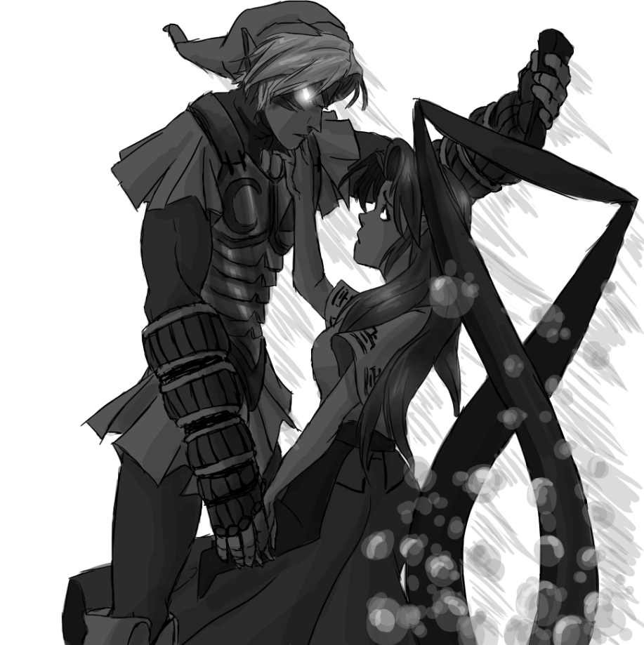 1boy 1girl angry bodysuit couple cremia crescent double_helix fierce_deity fingerless_gloves glaring gloves glowing glowing_eyes greyscale hand_on_another&#039;s_cheek hand_on_another&#039;s_face holding holding_hands holding_sword holding_weapon krista_d_lee long_hair long_sleeves looking_at_another monochrome nintendo no_pupils oni pointy_ears sad short_hair short_sleeves sword the_legend_of_zelda the_legend_of_zelda:_majora&#039;s_mask triangle triangle_print weapon white_eyes wrist_guards