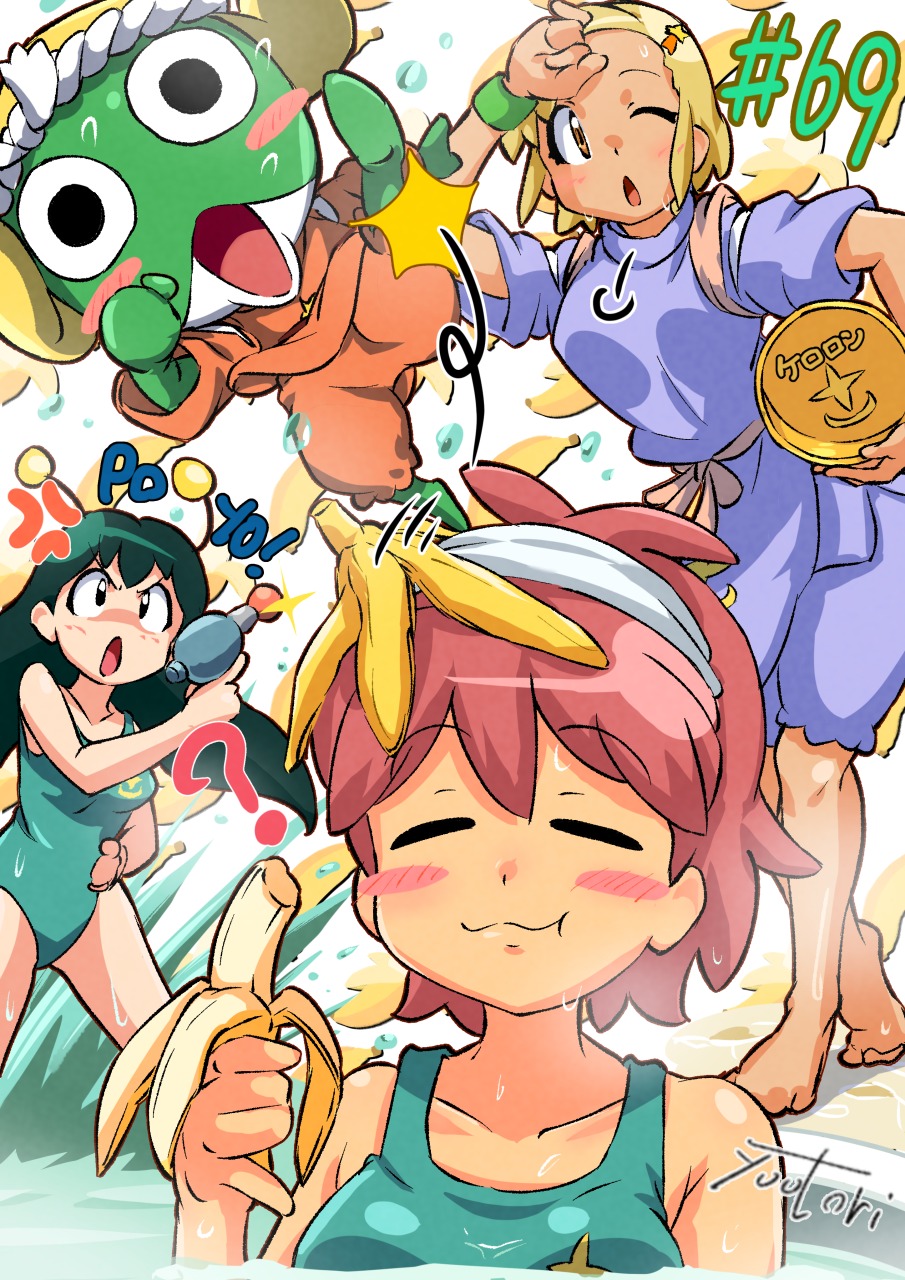 3girls :3 ? angol_mois antennae banana banana_peel barefoot blonde_hair blue_one-piece_swimsuit blush_stickers closed_eyes dougi energy_gun food fruit gun highres hinata_natsumi holding holding_food holding_fruit holding_gun holding_weapon keroro keroro_gunsou multiple_girls one-piece_swimsuit ponytail poyon_(keroro_gunsou) ray_gun red_hair short_hair signature swimsuit weapon wristband you_bird