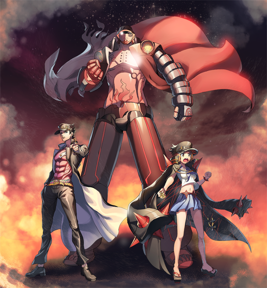 00s 10s 1boy 1girl banchou black_hair crossover delinquent dix-neuf geta hat jojo_no_kimyou_na_bouken jyh kill_la_kill kuujou_joutarou long_coat mankanshoku_mako mecha multiple_crossover robot school_uniform serafuku stardust_crusaders top_wo_nerae!_(series) top_wo_nerae_2!