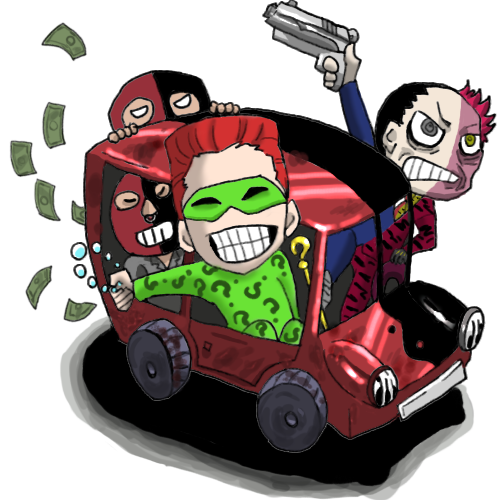 animal_print batman_(series) batman_forever burned cane car colored_skin dc_comics fleeing formal_clothes green_mask green_suit grin gun henchmen jacket jim_carrey leopard_print magenta_jacket mask motor_vehicle multicolored_hair multicolored_jacket multicolored_skin pink_skin ? question_mark_print robbing smile suit the_riddler tiger_print tommy_lee_jones two-face two-tone_hair two-tone_jacket two-tone_skin warner_bros weapon
