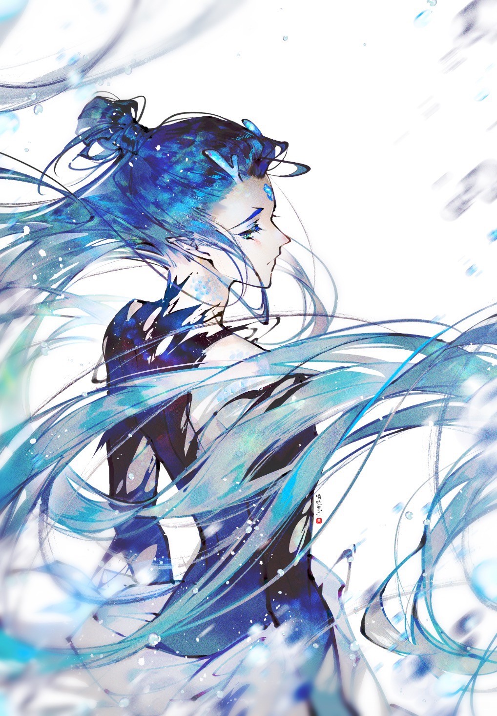 1boy ao_bing_(nezha_zhi_motong_jiangshi) black_jacket blue_eyes blue_gemstone blue_hair blue_horns blue_scales chinese_commentary commentary_request dragon_boy eastern_dragon_horns forehead_jewel from_behind gem highres horns jacket long_hair long_sleeves looking_at_viewer male_focus miaodalizi nezha_zhi_motong_jiangshi nose pointy_ears sideways_glance solo torn_clothes torn_jacket upper_body very_long_hair white_background xiao_guan_(headdress)