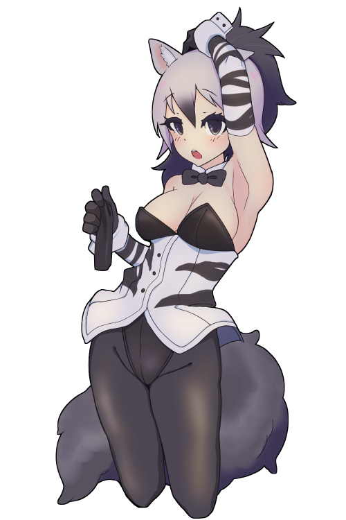 aardwolf_(kemono_friends) adapted_costume adjusting_hair animal_print bare_shoulders black_bow black_bowtie black_hair black_leotard black_pantyhose blush bow bowtie brown_eyes cowboy_shot detached_collar hair_between_eyes hyena_ears hyena_girl hyena_tail illu_(illu_stratos) kemono_friends leotard multicolored_hair multicolored_leotard open_mouth pantyhose playboy_bunny ponytail print_leotard short_hair sidelocks sleeveless strapless strapless_leotard two-tone_hair two-tone_leotard white_hair white_leotard