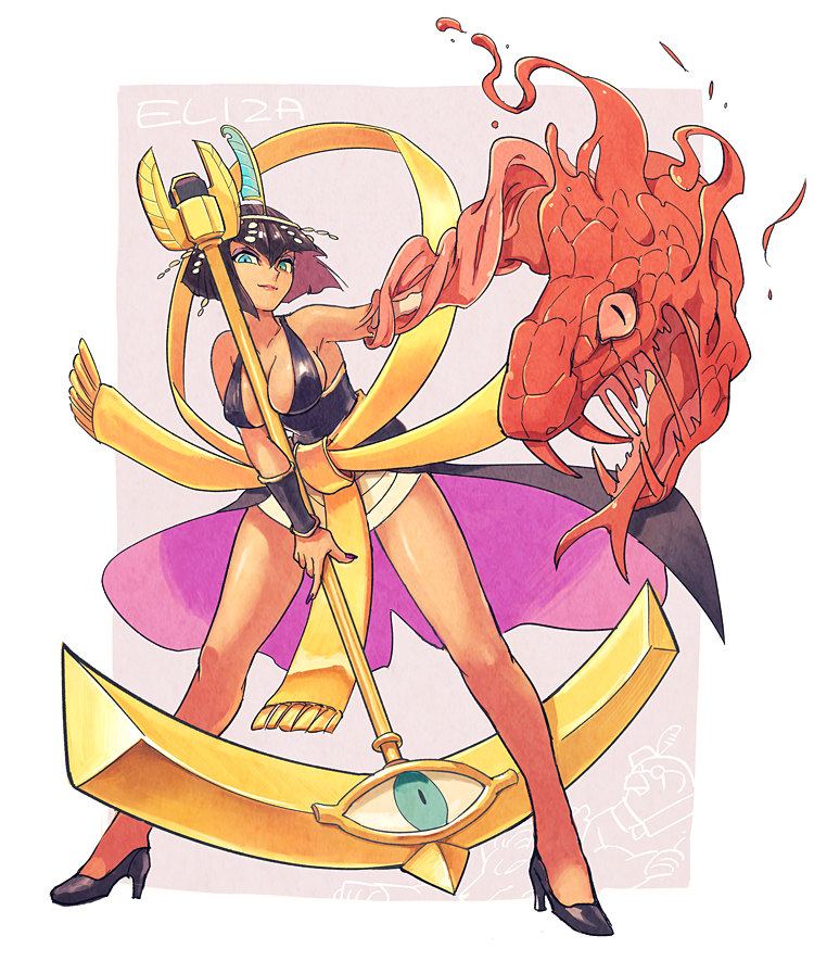1girl ancient_egyptian between_breasts black_dress black_hair blue_eyes body_horror border breasts character_name cleavage colored_inner_hair dress eliza_(skullgirls) holding holding_staff large_breasts multicolored_hair purple_nails skullgirls snake solo staff tan white_border yuza
