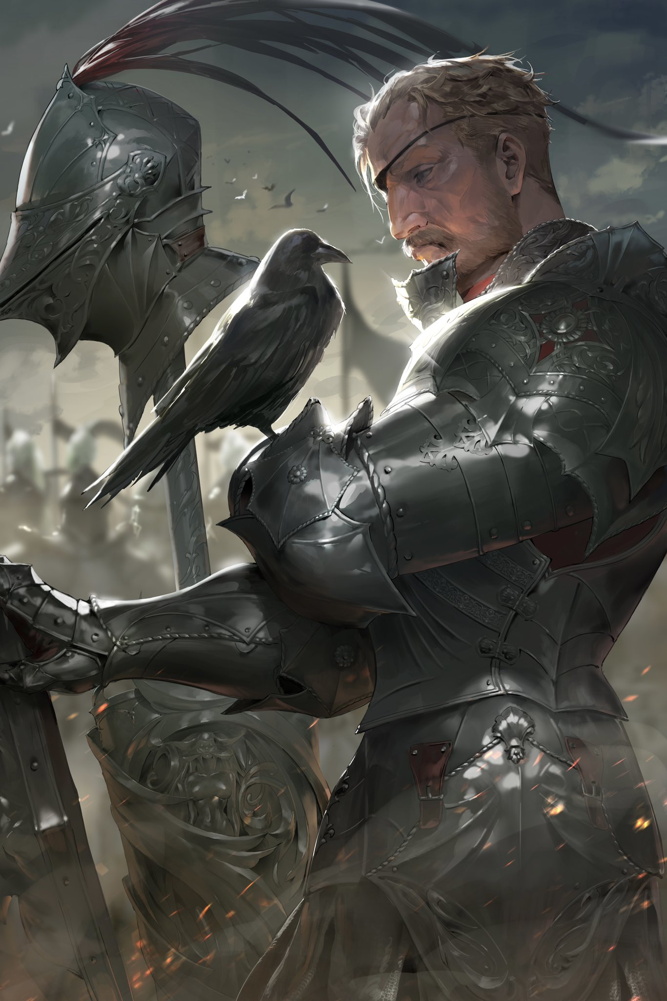 1boy animal_on_arm armor armored_gloves bird bird_on_arm black_armor blonde_hair blurry blurry_background bread closed_mouth commentary cowboy_shot crow cuirass english_commentary food freya:_the_starfall from_side full_armor gareth_(freya:_the_starfall) grey_eyes helmet highres jung_wonjo light_particles looking_at_animal male_focus one_eye_covered short_hair shoulder_armor smoke solo unworn_headwear unworn_helmet