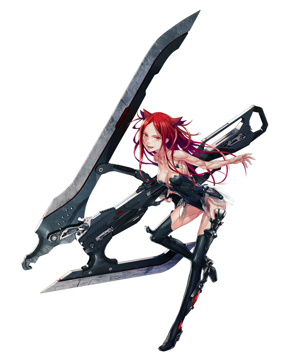 1girl android bare_arms bare_shoulders beatless breasts cleavage device dress full_body hair_ornament highres holding holding_weapon kouka_(beatless) leaning_forward long_hair mecha_musume off-shoulder_dress off_shoulder official_art open_mouth outstretched_arm over-kneehighs parted_bangs red_eyes red_hair redjuice seams simple_background standing standing_on_one_leg thighhighs transparent_background weapon zettai_ryouiki
