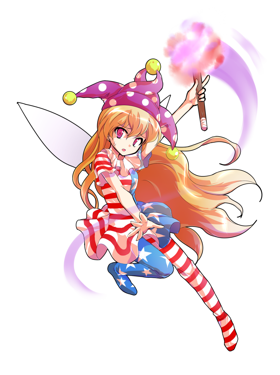 1girl american_flag american_flag_dress american_flag_legwear american_flag_print arm_up clownpiece commentary_request dairi double-parted_bangs fairy_wings flag_print floating_hair full_body hat highres holding holding_torch jester_cap long_hair looking_at_viewer motion_blur no_shoes orange_hair outstretched_arm pantyhose parted_lips pink_eyes polka_dot_headwear purple_hat raised_inner_eyebrows short_sleeves simple_background solo sweatdrop tachi-e torch touhou transparent_background very_long_hair wavy_hair wings